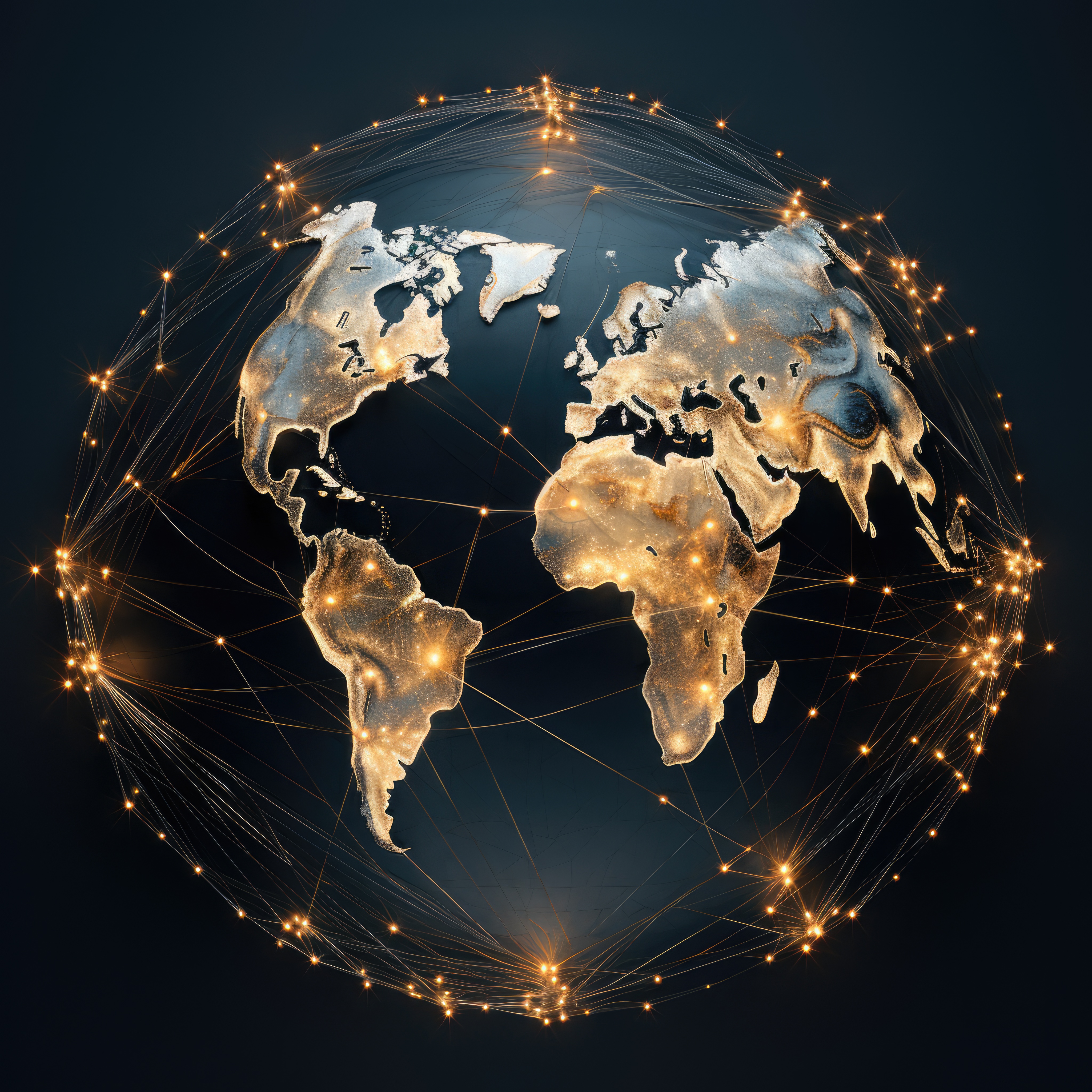 World map showing global trade routes and international connections across continents with glowing network lines