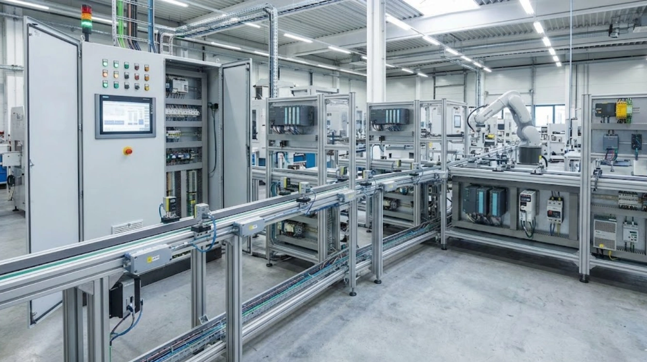 Industrial automation factory with robotic systems and control equipment